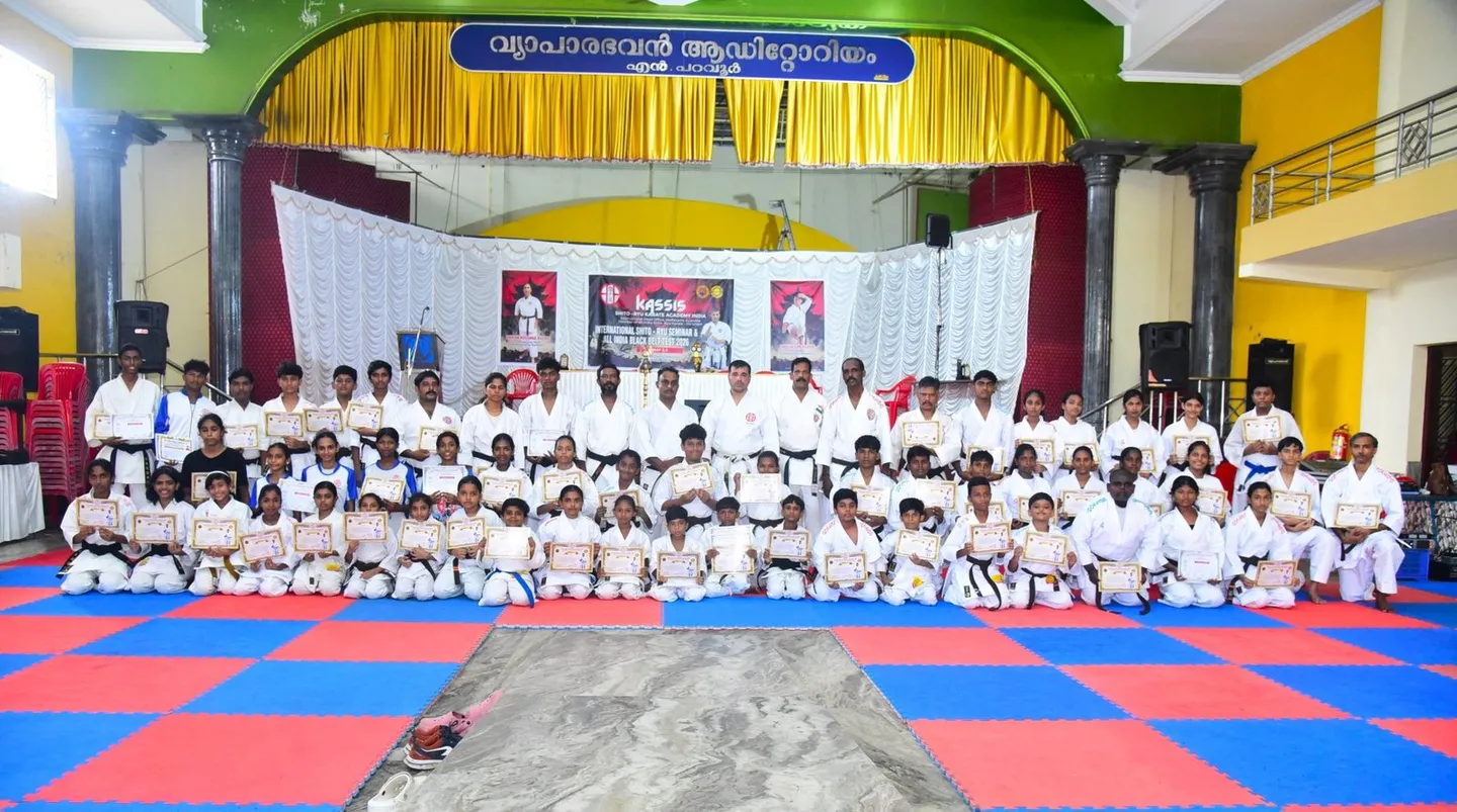 Students and instructors of Kassis Karate Academy India holding certificates at the May 2026 seminar in N. Paravur