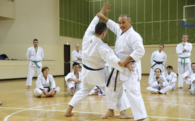 Shihan Con Kassis demonstrating a technique with a student during a class