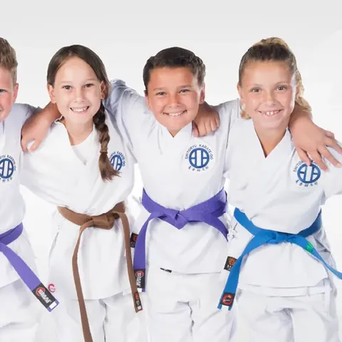 Three smiling karate students wearing brown, purple and blue belts