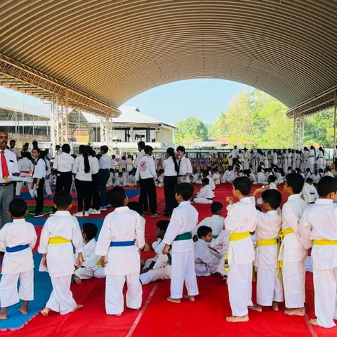 School students in karate uniforms lined up on the mats at a school championship